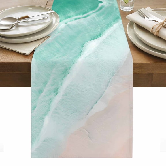 Teal Green Table Runner, Gradient Sea Waves Sandy Beach Coastal Scenery Cotton Linen Kitchen Dining Table Runner Cloth Dresser Scarf Decoration for Party Home Decor 13x72in