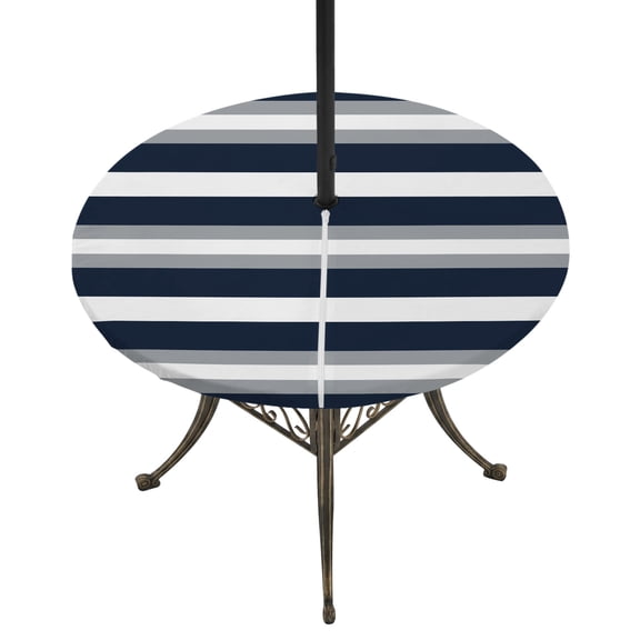 Navy Blue Gray Stripe Round Outdoor Tablecloth with Umbrella Hole Zipper, Modern Farmhouse Horizontal Striped Elastic Fitted Table Cover, Waterproof Table Cloth for Patio Picnic Party Fits 31"-35"