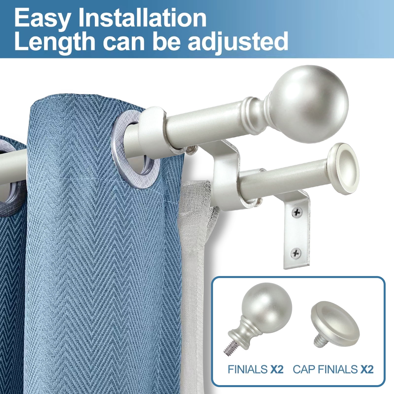 Urbanest Adjustable Double Curtain Rod Set Metal with Decorative Ball Finials, Heavy-Duty, 48"-84", Antique Silver/Pewter