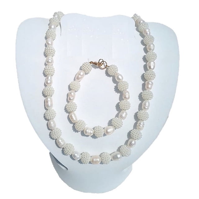 Collar Pulsera Aretes Perla Cultivada Con Adornos Chapa de Oro GREG J.M 10-11 mm 50 cm 18-19 cm 2 cm