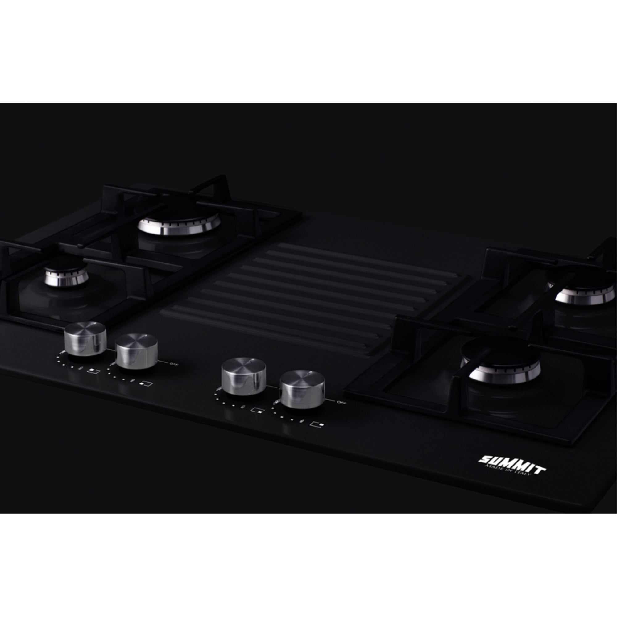 30" wide 4-burner gas cooktop in black with sealed burners and cast iron grates