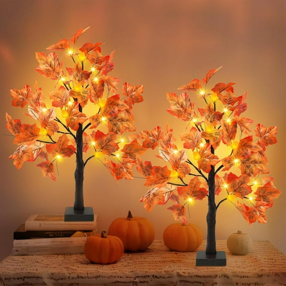 23.6 Inch Artificial Fall Lighted Maple Tree with 24 LED 6 Acorns Timer, Light Up Thanksgiving Tabletop Tree Decorations for Autumn Home Party Indoor Outdoor (380g)