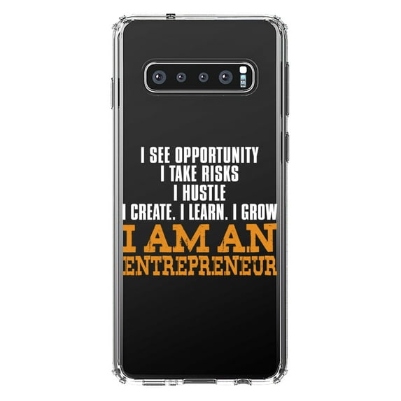 DistinctInk Clear Shockproof Hybrid Case for Samsung Galaxy S10+ PLUS (6.4" Screen) - TPU Bumper Acrylic Back Tempered Glass Screen Protector - Entrepreneur Opportunity Risks Hustle