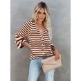 thumbnail image 5 of Womens Striped Sweater Coat Casual Long Sleeve Open Front Button Down Loose Knit Cardigan Fall Brown M, 5 of 9