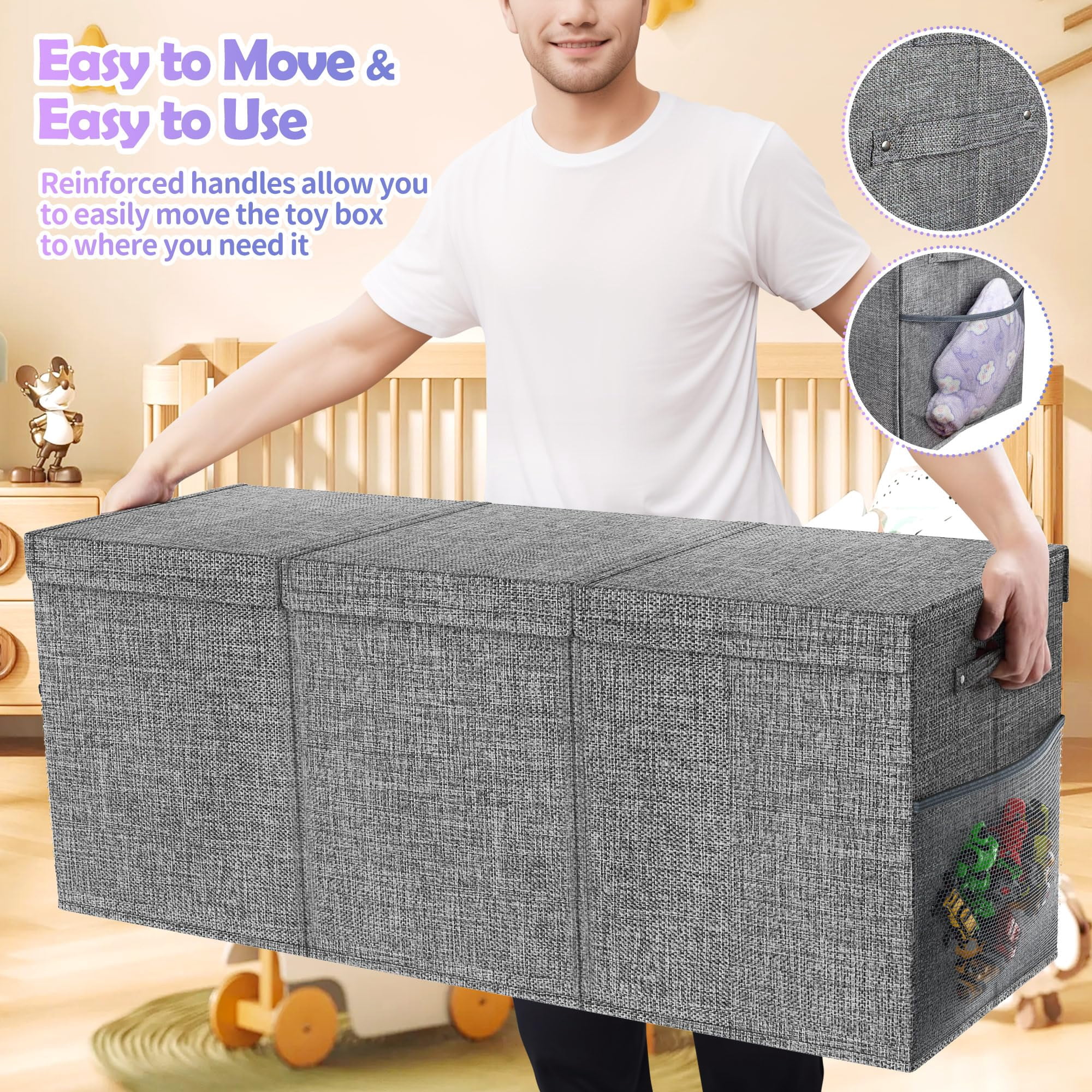 Extra Large Toy Box, Collapsible Sturdy Kids Toy Storage Storage Box with 2 Side bags and Removable Lids，large Toy Chest for Boys, Girls, Nursery, Living Room, Playroom,Gray