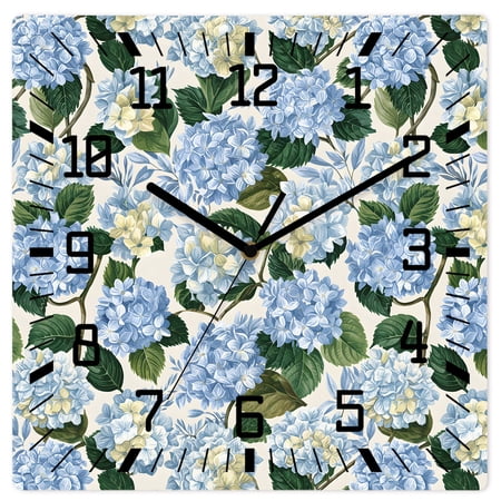 Wall Clock Blue Hydrangea Floral Operated Square Clocks Wooden Silent Non-Ticking Wallclock 12 Inch Watercolor Flowers Wood Wall Clock for Living Room Bedroom Office Shool Home Decor