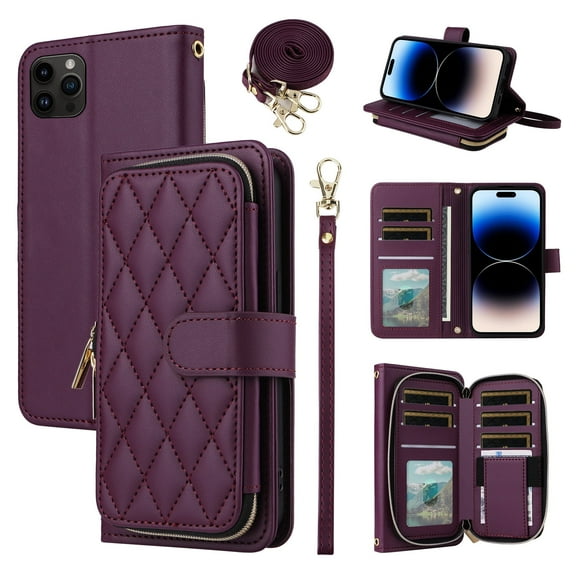 Furiet Argyle Wallet Case for iPhone 13 Pro 6.1 inch with Wrist Strap Shoulder Strap Zipper Purse, Card Slots Stand Checkered Phone Cover for iPhone13Pro 5G i i-Phone i13 iPhone13 13Pro Deep Purple