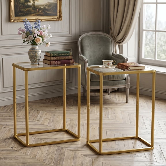 Outdoor Indoor Side Table Set of 2, Glass Top End Table with Sturdy Metal Frame, Compact Small Bedside Table for Patio, Living Room, Bedroom