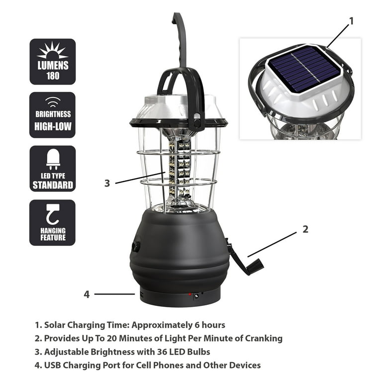 36-LED Solar and Hand Crank Dynamo Powered Camping Lantern Super Bright  Outdoor Emergency Lamp with 3 Brightness Modes for Power Outages Hiking 