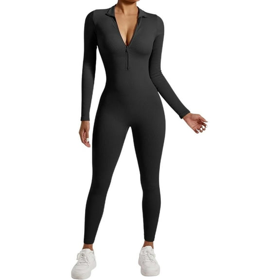 DHFJKG Women Workout Seamless Jumpsuits Yoga Long Sleeve Front Zipper Bodycon Activewear Comfortable One Piece Leggings Romper