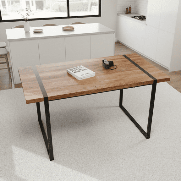 CasaGlajore 59" Modern Wood Dining Table with Black Metal Legs，Industrial Style Dining Table with Wood Table Top