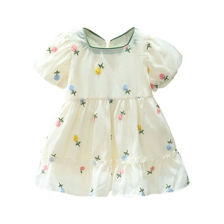 

MQLKF New Girls Summer Bubble Short Sleeve Bowknot Flower Print Fashion Pullover Princess Dress Beautiful Breathable Cute Girl Dress