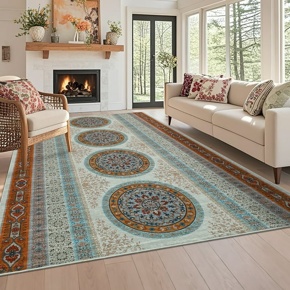 Assaile 8 x 10 ft Polyester Pearl Velvet Orange Rectangular Hallway Bathroom Entryway Kitchen Office Foldable Flower Moon Printed Modern Washable Area Rug