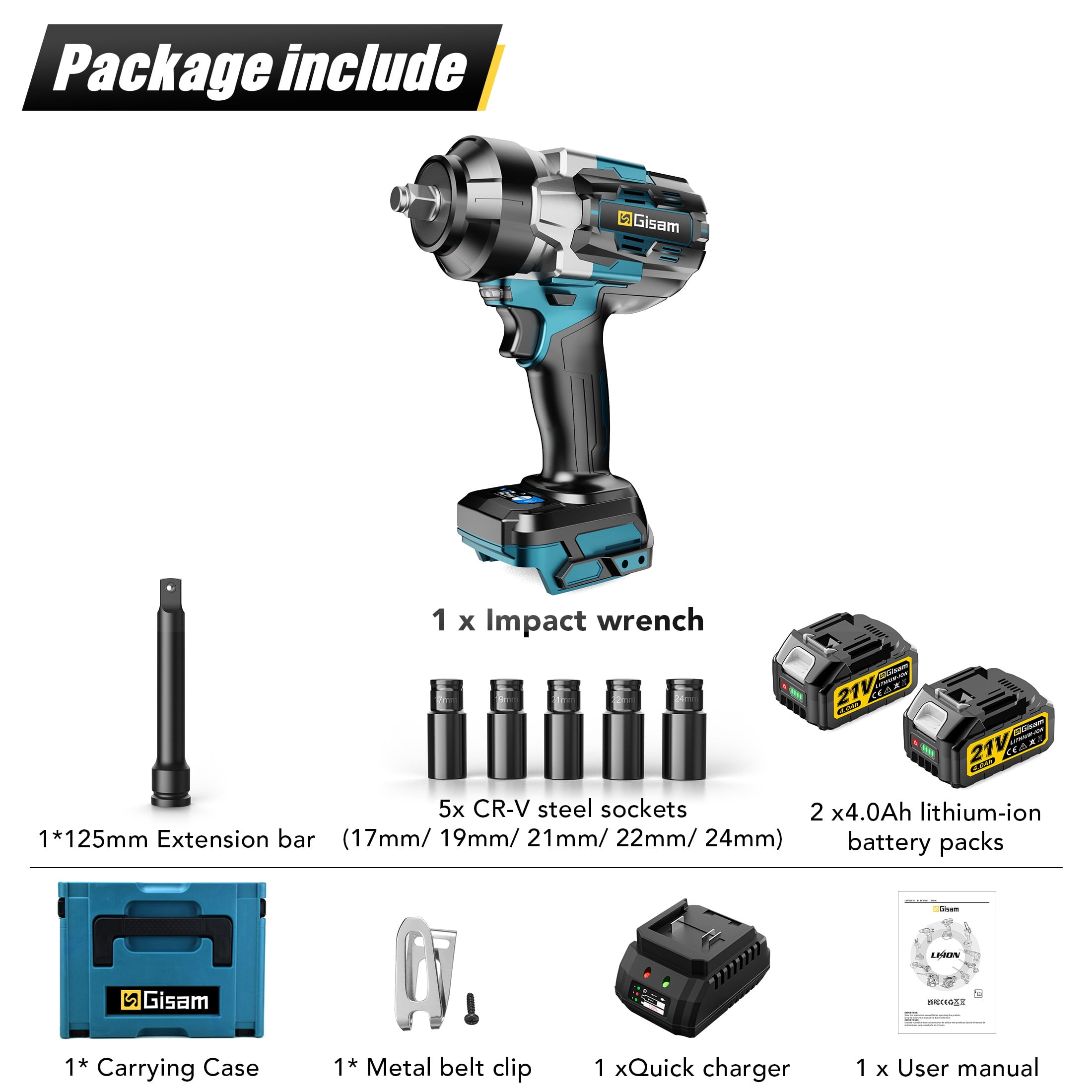 Gisam 1500N.m(1106 ft-lbs) Cordless Brushless Impact Wrench,1/2 inch Impact Gun with 2x4.0Ah Batteries & 6 Sockets Accessories ,Pistola De Impacto for Home Car Truck Tire