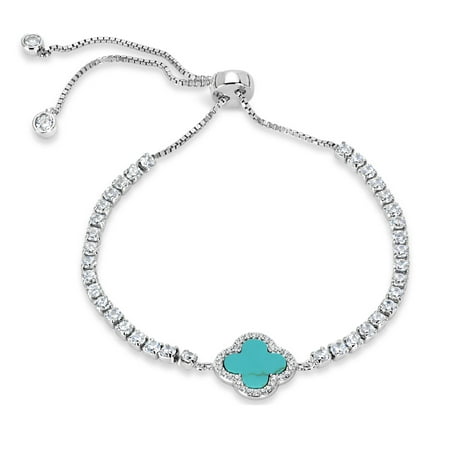 10mm Stabilized Turquoise and White Cubic Zirconia Sterling Silver Rhodium Plated Clover Box Chain Bolo Bracelet 10
