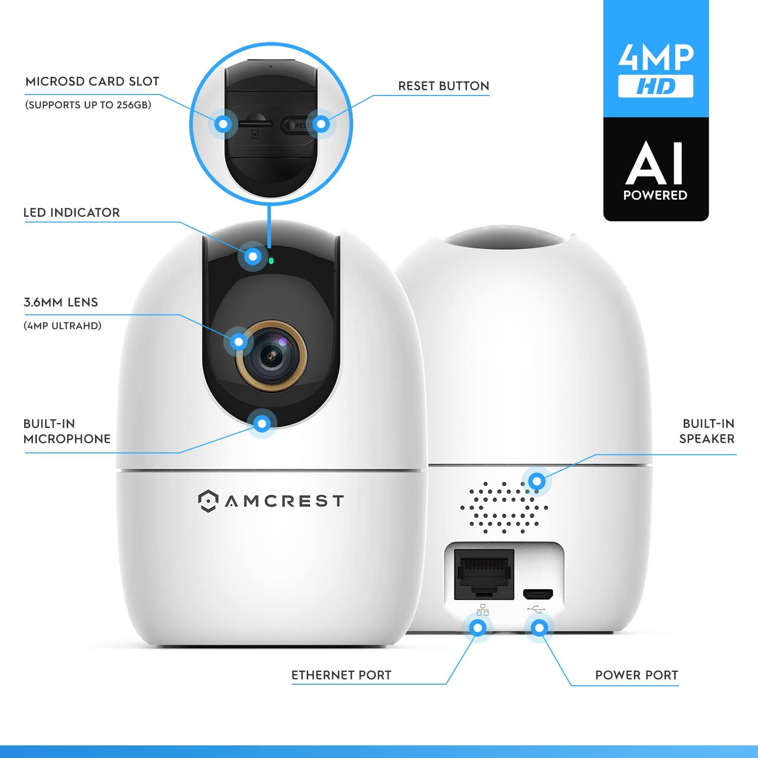 Amcrest 4MP WiFi Camera Indoor, Dog Camera, Sound & Baby Monitor, Human & Pet Detection, Motion-Tracking, w/ 2-Way Audio, Phone App, Pan/Tilt Wireless IP Camera, Night Vision, Smart Home ASH41-W