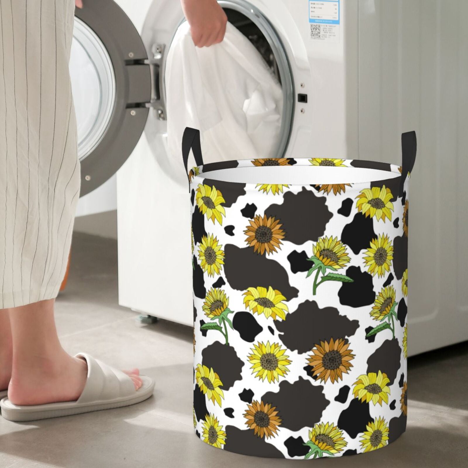 Large Laundry Basket with Handles - Cow Print Sunflowers Black White Kids Baby Dirty Clothes Laundry Hamper for Bedroom Aesthetic