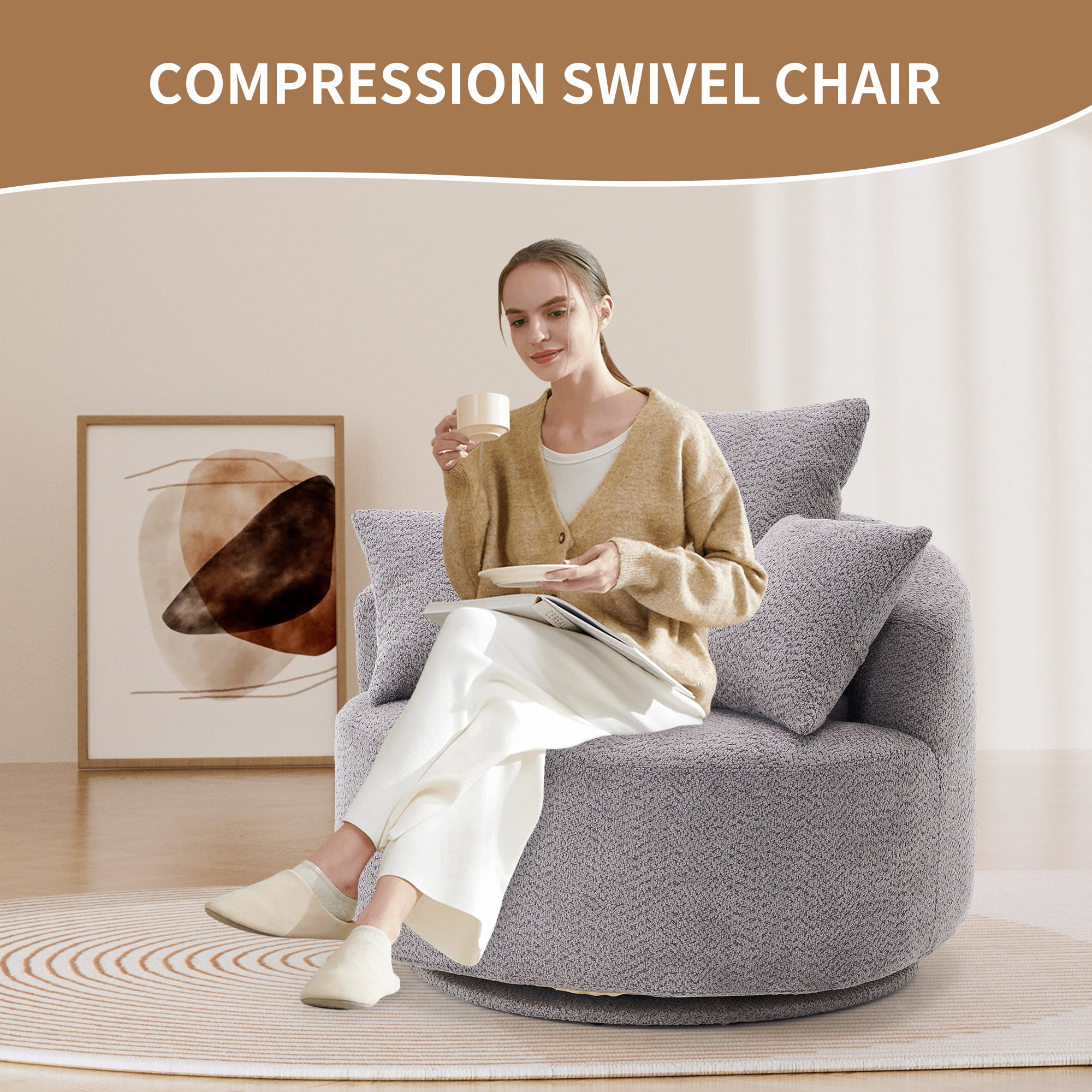 PORKISS Oversized Swivel Accent Chair Barrel Chair, Crochet Yarn Upholstered Armchair with 3 Pillows, Round Armchair Leisure Sofa Chair for Living Room Office Lounge Hotel, Gray