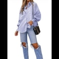 thumbnail image 2 of Blusa Estilo Boyfriend A Rayas con Puños Fruncidos para Mujer, Estilo Túnica Informal con Mangas con Volantes y Bolsillos, Rayas Azules, Talla XL, 2 of 7