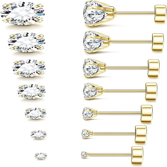 DESIGNICE 2026 New 7 Pairs 316L Steel Stud Earrings Cubic Zirconia Studs Earrings Flat Back Earrings for Women Men Flat Back Earrings for Women, Gold