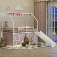 thumbnail image 2 of Bellemave Twin Loft Bed with Slide, Metal Junior House Bed with Curtain Set, Low Loft Beds Frame with Pennant Banner Flag and Star Stickers（White+Pink）, 2 of 9