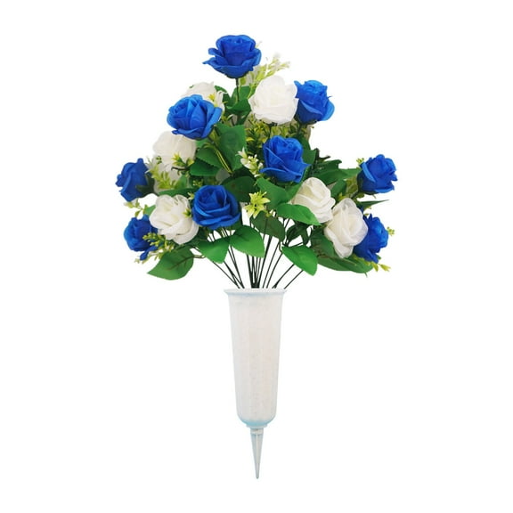 Artificial Cemetery Flowers for Grave, Artificial Rose Bouquet Graveyard Memorial Flowers, Grave Decorations Roses, Memorial Flowers Bouquet with Cemetery Vase