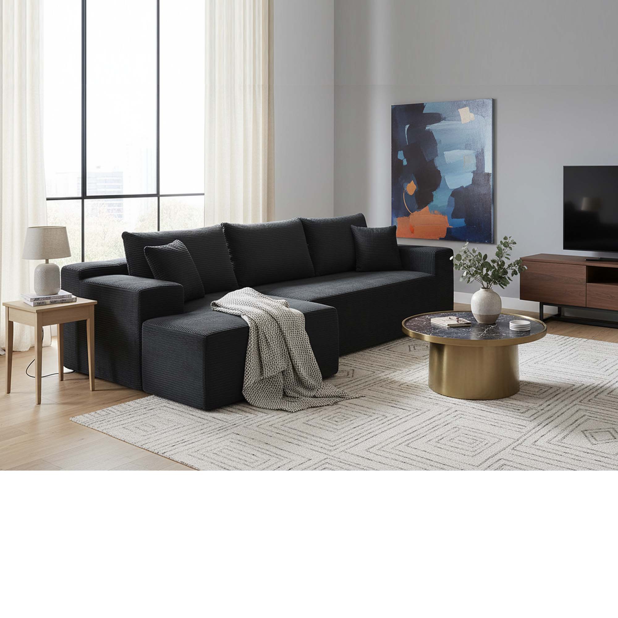 Miniyam 96" x 61" Convertible Corduroy L-Shaped Sofa with Chaise, 3-Seater Modular Sectional Compressed Couch with Pillows for Living Room, Black (Left Facing)