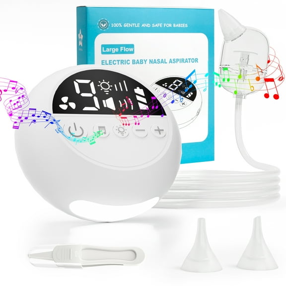 Cshidworld Nasal Aspirator for Baby, Electric Baby Nose Booger Sucker with 9 Levels Suction, Night Light & 10 Nursery Rhyme Soothing Function, Automatic Nose Suction for Toldder Child, 3 Silicone Tip