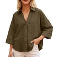 thumbnail image 2 of HOWPAY Button down Shirts for Women Long Sleeve Solid Color Basic Collared Blouses Oversized Stretch Loose Dressy Casual Fall Clothes Army Green L, 2 of 4