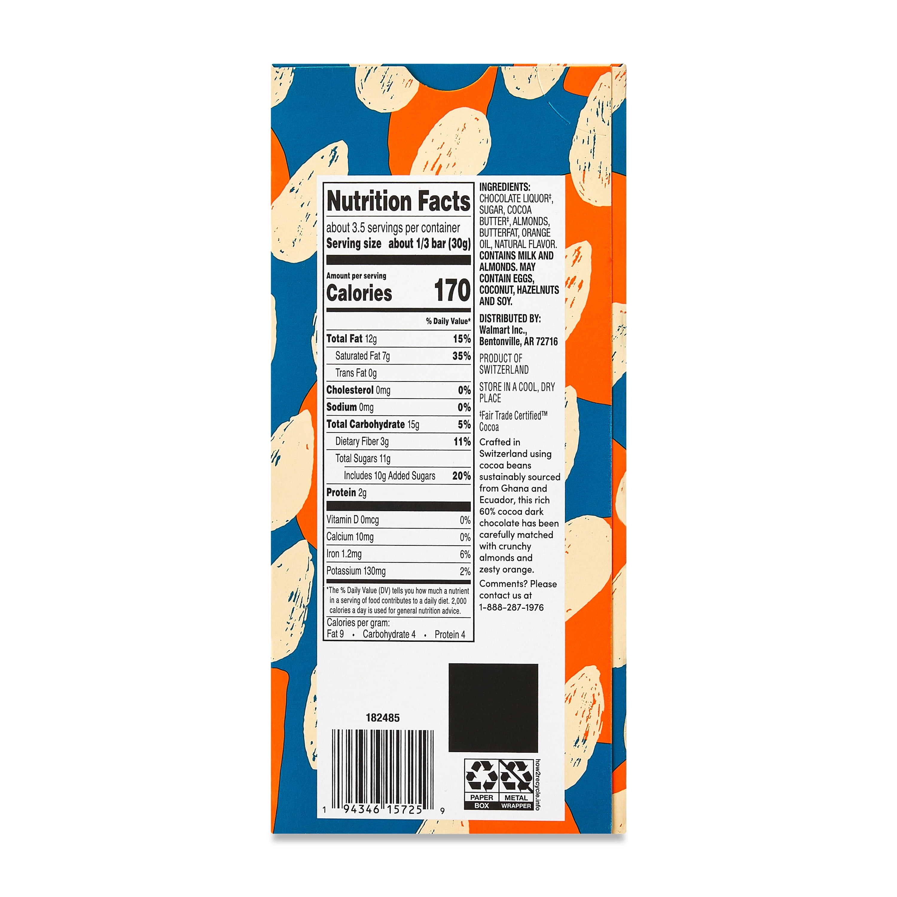 bettergoods Premium Swiss 60% Dark Chocolate Bar with Almonds & Orange, 3.5 oz