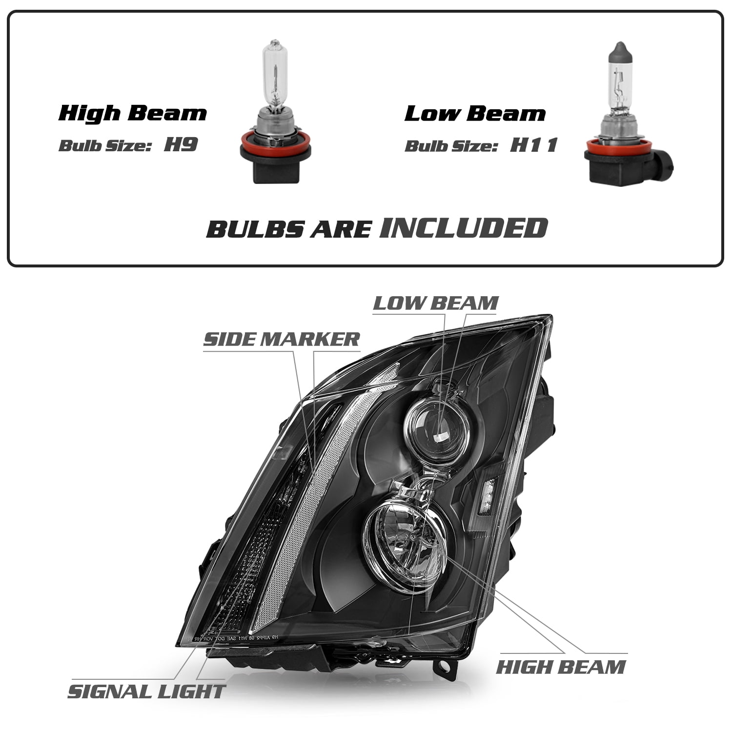 For 2008 2009 2010 2011 2012 2013 2014 Cadillac CTS Black Halogen Headlights Set