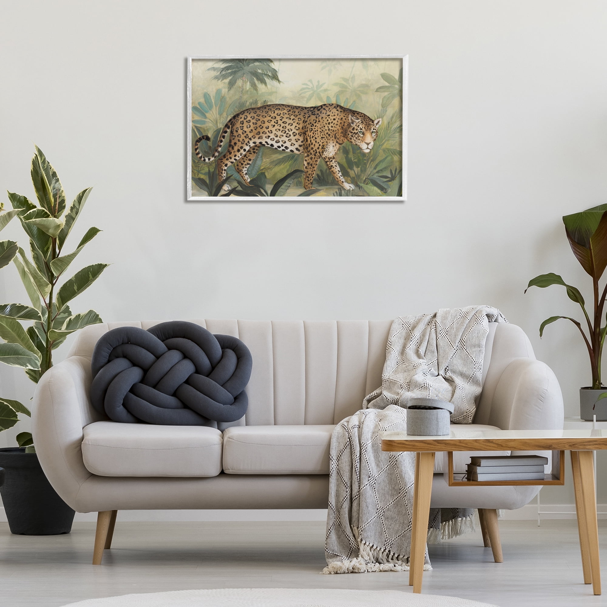 Stupell Industries Prowling Leopard in Forest Landscape Painting White Framed Art Print Wall Art, 30 x 20