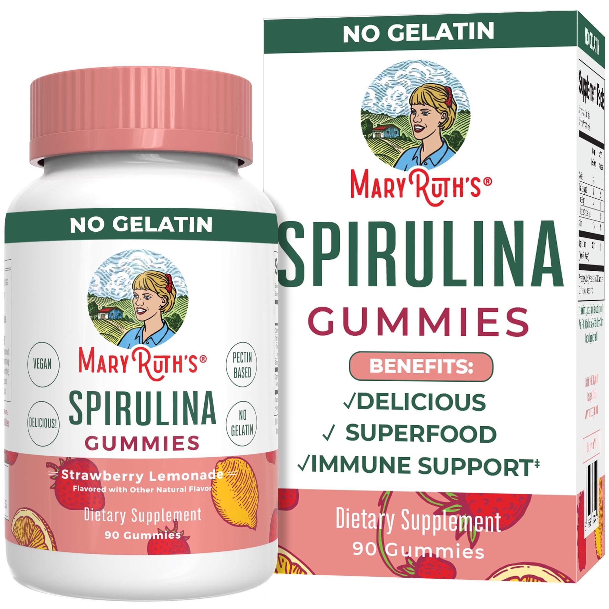 MaryRuth's Spirulina Gummies Superfood Strawberry Lemonade Flavor Vegan 60 Count