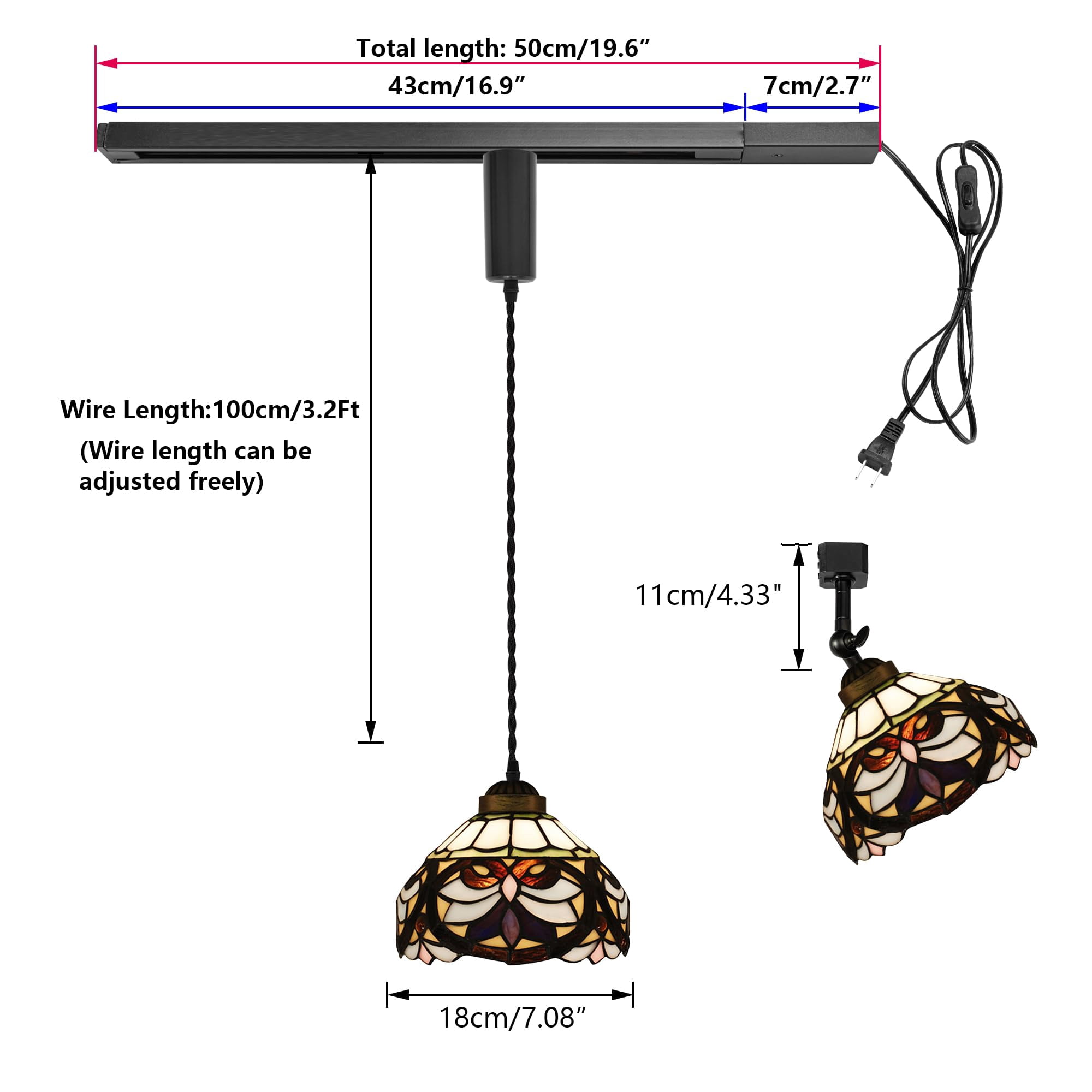 KAYYELAMP 1x Plug in Cable Track Rail, 1X Adjustable Cord, 1x Adjustable Angle Multi-Color Handmade Glass Shade Tiffany H-Type Track Lighting Fixture for Kitchen Loft(No Bulb)