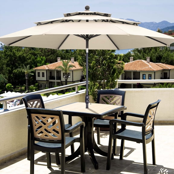 Autlaycil 10ft Beige Outdoor Patio Umbrella with 3 Tiers, Push Button Tilt and Crank for Garden Lawn Backyard Pool