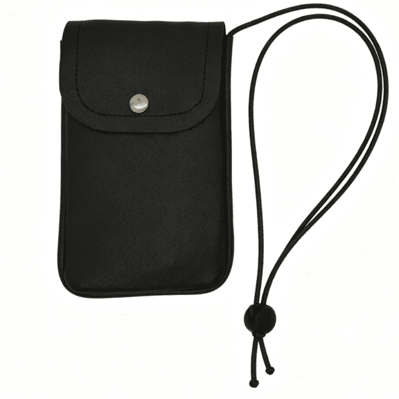 Cell Phone Pouch for Around the Neck Black PU Leather Necklace Holder with Adjustable Lanyard Flip Case and Carrier for Small Travel Purse and Credit Card Holder Hands-Free Mobile Bag