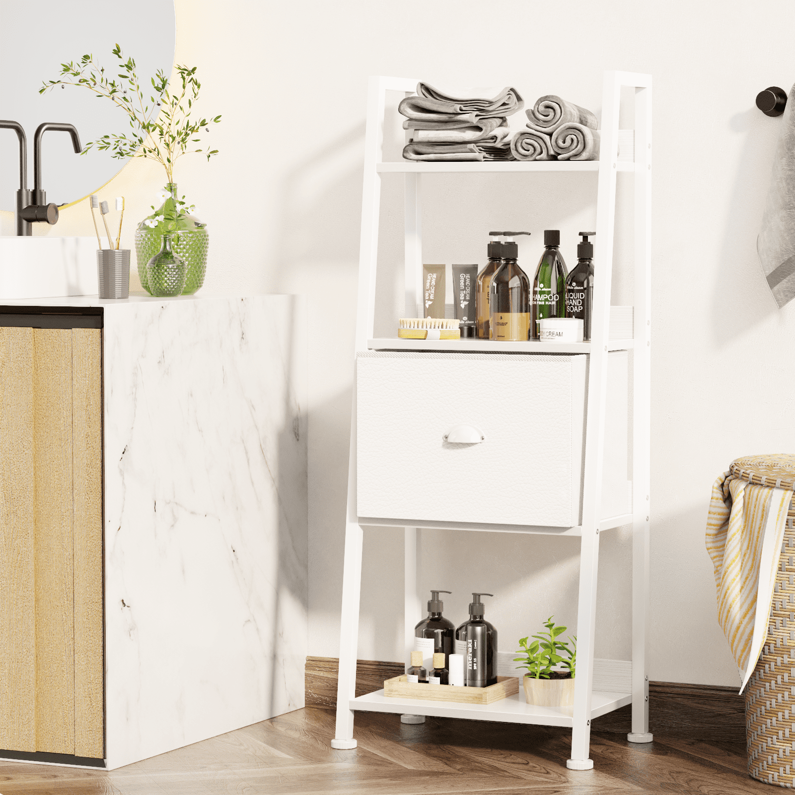 Tydimor 4 Tier Ladder Bookshelf With Drawer Leaning Bookcase Storage Display Shelf White