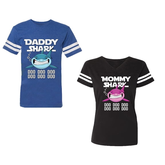 Dady Mama Shark Unisex Couple Matching Cotton Jersey style T-Shirt Contrasting stripes on sleeves (Men Royal / Women Black) (Men S / Women S)