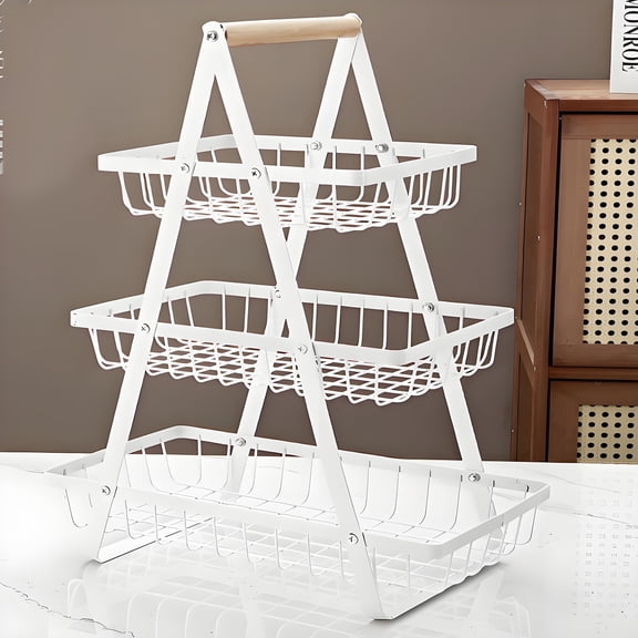 ASTOTSELL 3 Tier Countertop Fruit Basket with Wood Handle, Kitchen Storage Organizer for Fruits, Vegetables, Snacks - Detachable Rectangular Basket for Pantry, Dining Table - White
