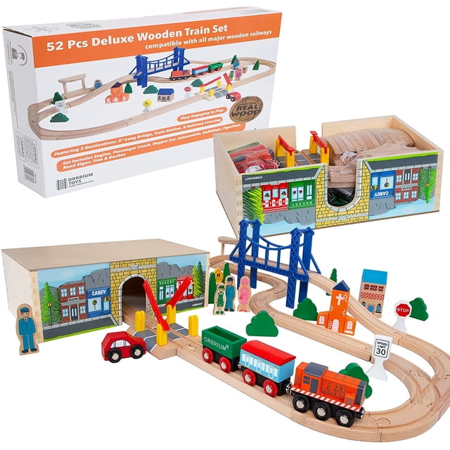 Orbrium Toys 52 Pcs Deluxe Wooden Train Set con 3 destinos S Orbrium Orbrium