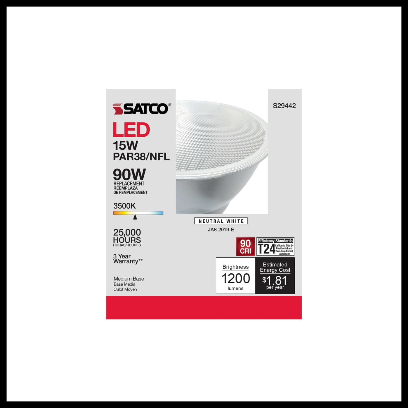 Satco S29442 PAR38 LED Reflector Light Bulbs 15W 120V E26 Medium Base Dimmable Wet Location (6 Pack)