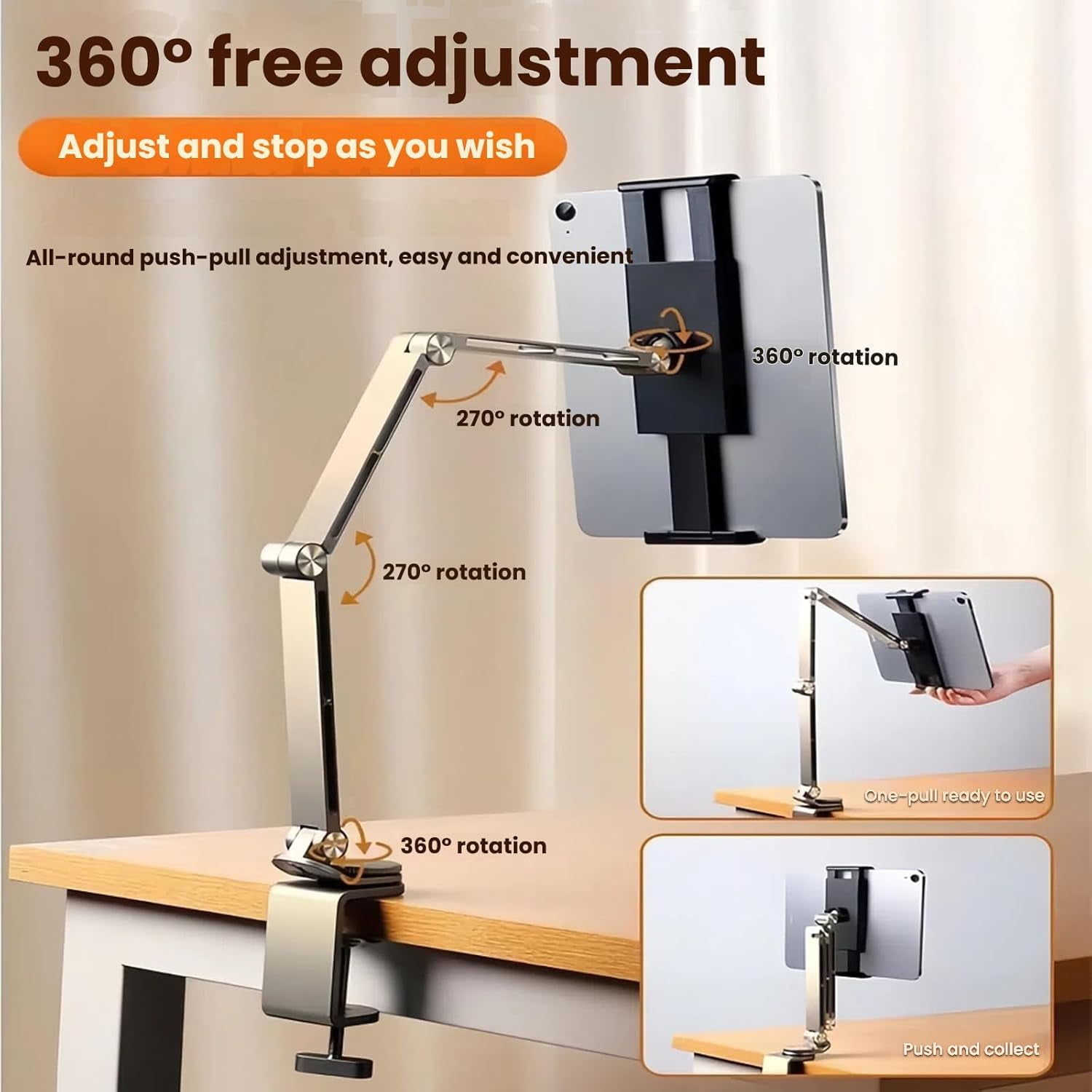 Adjustable Phone Tablet Mount,Ergonomic Multi Joint Stand with Sturdy Desk Clamp, 360° Rotatable & Height Compatible with Devices for Home,Office,Studio(Gray)