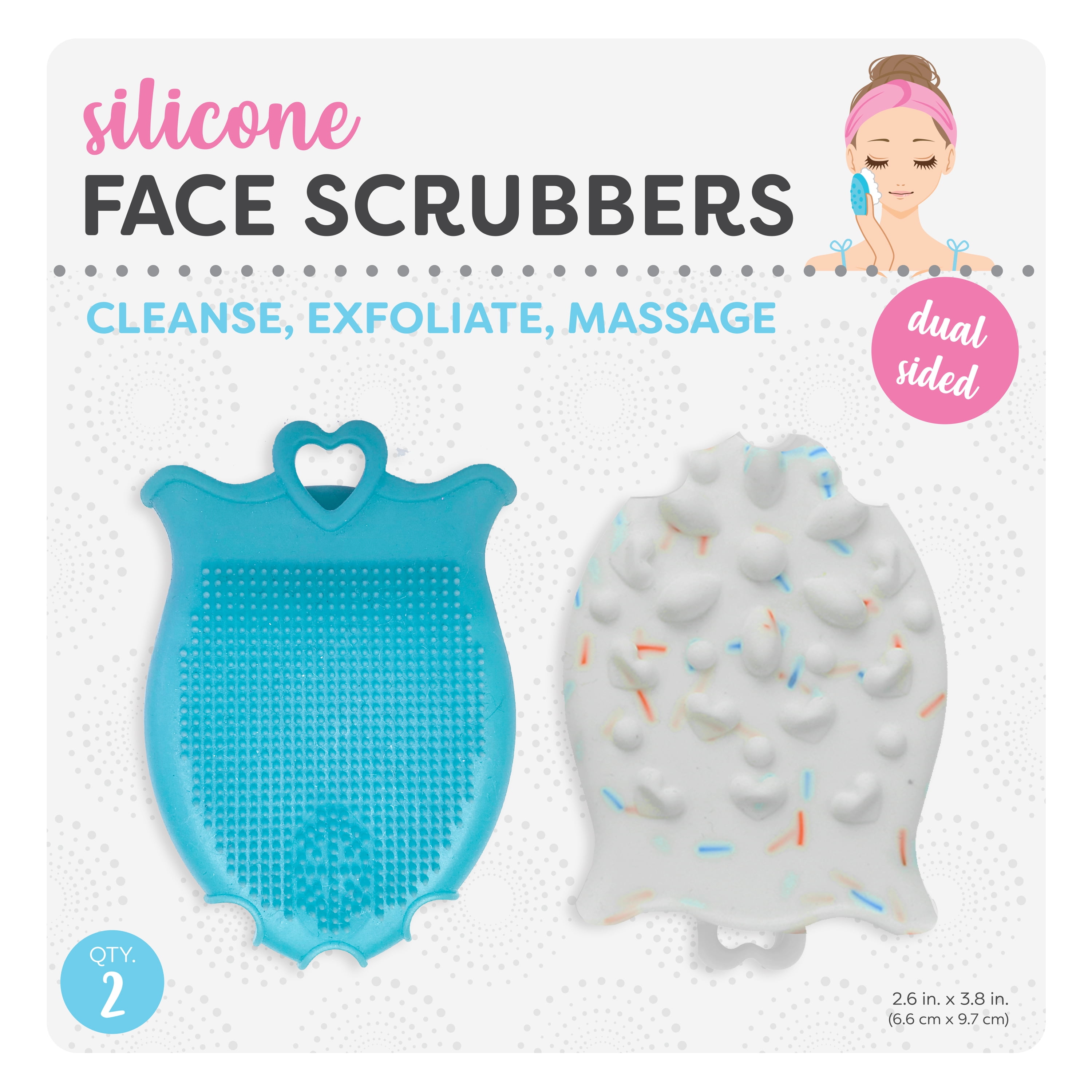 S&T INC. Dual Sided Silicone Face Scrubbers, All Skin Types, 2 Pk, 2.6 in x 3.8 in, Assorted Colors