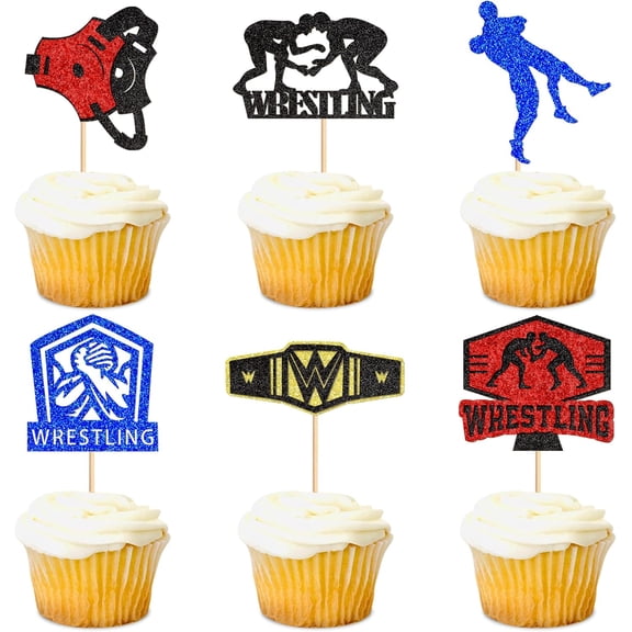 Wrestling Cupcake Toppers, Glitter, 12 Pcs, Wrestler Birthday Party Picks, Sports Theme Kids Decorations
