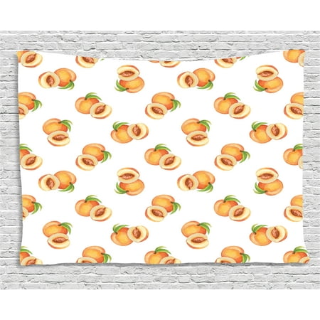 Peach Tapestry, Vegetative Growth Botany Pattern Orange Drupes Freshly Picked From the Trees, Wall Hanging for Bedroom Living Room Dorm Decor, 80W X 60L Inches, Pale Orange Green, by (Best Light Cycle For Vegetative Growth)