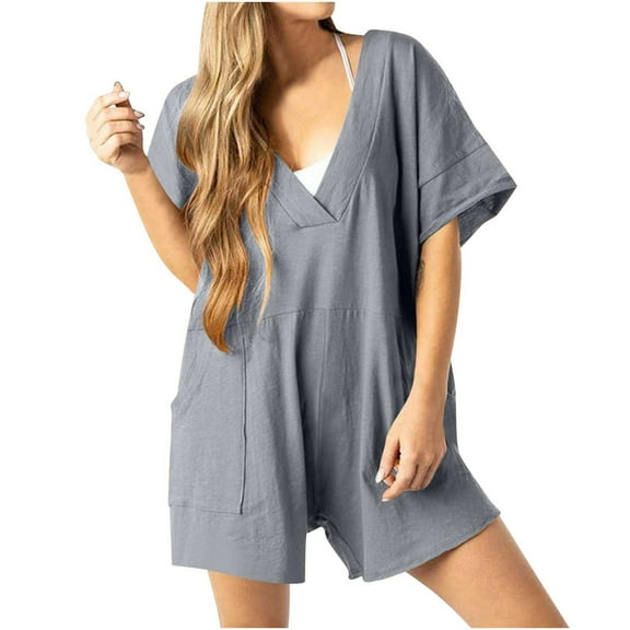 BUIGTTKLOP Women's Solid Oversized Casual Rompers Summer Outfits Workout Hot Short Tee Rompers V Neck Loose Short Sleeve Jumpsuit With Pocket