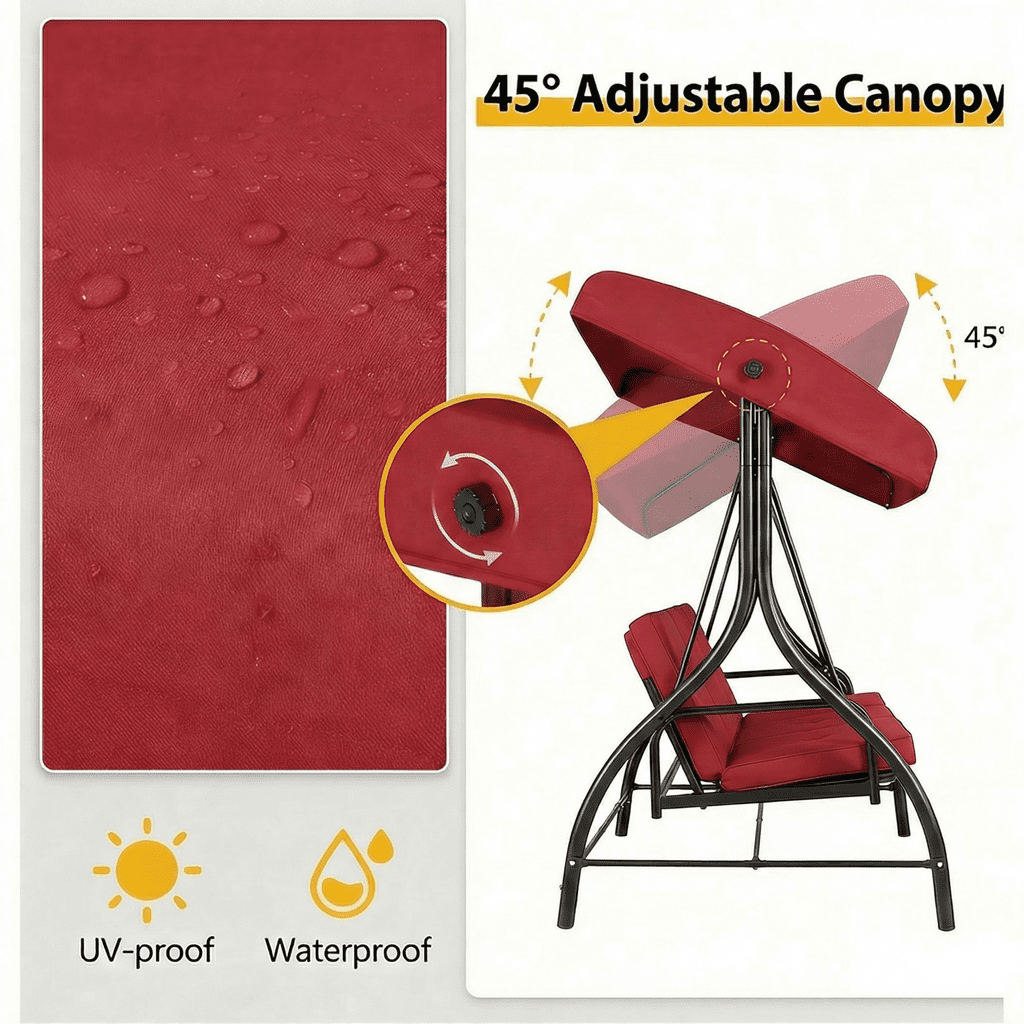 Pirecart 3 Person Patio Porch Swing Outdoor Converting Swing Glider Hammock with Adjustable Canopy, Cushions, Red