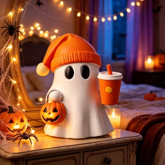 BVEBJDX Cute Halloween Ghost Figurine With Orange Pumpkin Coffee Cup Fall Tabletop Decor Statue For Home Kitchen Bedroom Bathroom Halloween Party Gift