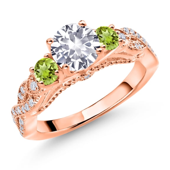 Gem Stone King 18K Rose Gold Plated Silver White Created Sapphire Green Peridot and White Moissanite Engagement Ring for Women (1.51 Cttw, Gemstone September Birthstone, Round 6MM and 3MM, Size 6)