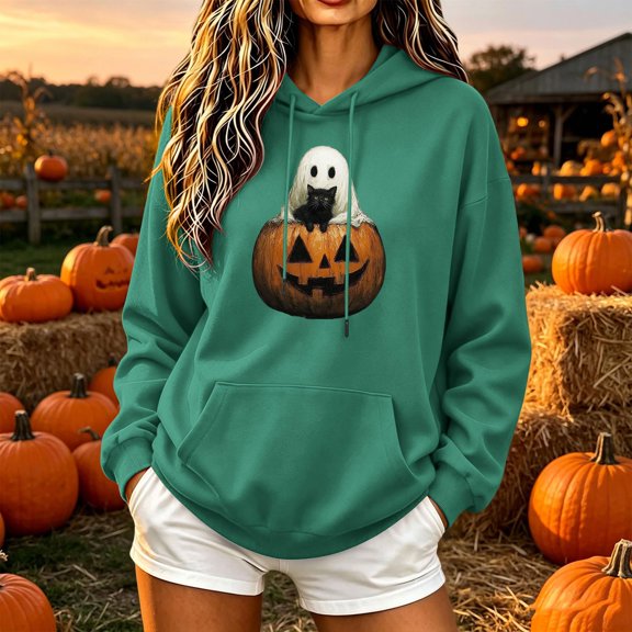 Molidfa Womens Spooky Ghost Hoodie Pumpkin Halloween Graphic Oversized Pullover Top
